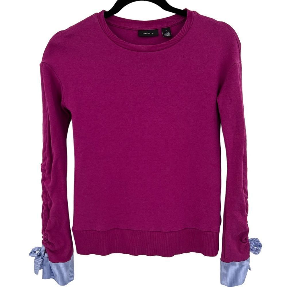 Halogen xsmall magenta fleece soft sweatshirt with blue stripe shirt cuff detail